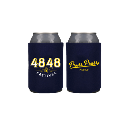 Navy 4848 festival drink sleeve with gold and white logo and press press merch logo sponsoring logo on the backside. 