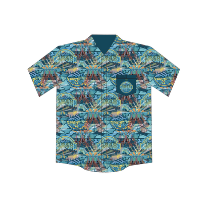 4848 Festival 2023 Party shirt featuring an all over print pattern of the 4848 logo and ski lift, stage and mountain graphic.