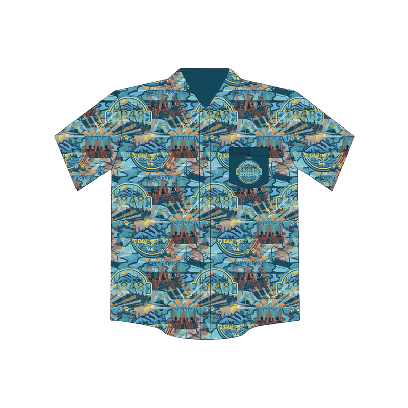 4848 Festival 2023 Party shirt featuring an all over print pattern of the 4848 logo and ski lift, stage and mountain graphic.
