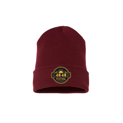 Maroon knit beanie hat with black and gold 4848 festival patch