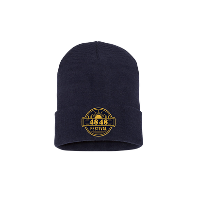 Navy knit beanie hat with black and gold 4848 festival patch