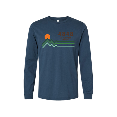 4848 Festival Mountain Patrol Design printed on Vintage Navy. The design features three parallel lines that create a mountain range with a orange sunset