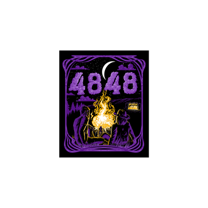 Rectangular magnet featuring 4848 festival campfire graphic with purple border, vibrant yellow flames, silhouetted figures, and crescent moon against black background. Ideal for festival memorabilia and home decor.