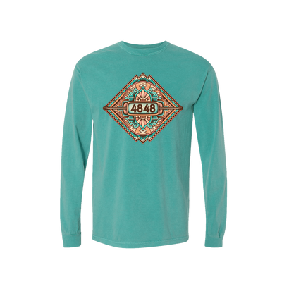 This soft long-sleeve t-shirt in seafoam features a colorful mountain mandala design perfect for festival season. 