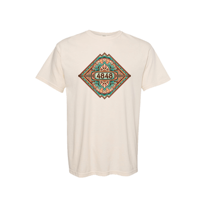 Short-sleeve t-shirt in ivory featuring a colorful mountain mandala design.