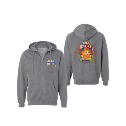 4848 Festival 2022 Meditating Bear Zip Hoodie in gunmetal heather gray. Featuring a front left chest 4848 logo and a back print featuring a Meditating Buddha bear graphic and festival dates