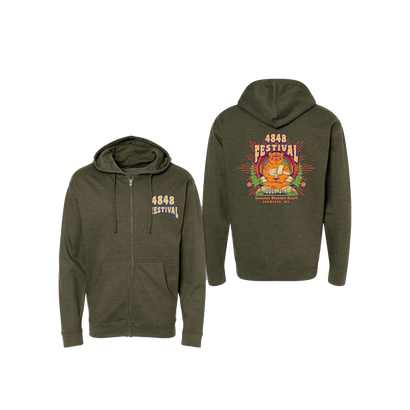 4848 Festival 2022 Meditating Bear Zip Hoodie in Army Green. Featuring a front left chest 4848 logo and a back print featuring a Meditating Buddha bear graphic and festival dates