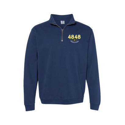 Navy quarter zip sweatshirt with 4848 festival logo on the left chest. 