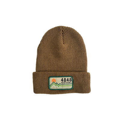 4848 Festival Tan knit hat with retro sunset patch