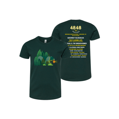 4848 Festival Forest Green T-shirt with front Bear graphic and event info on the back.