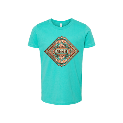 Youth-sized teal t-shirt featuring a classic fit and a festival mandala design. 