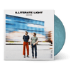 Vinyl record with blue marbled color and cover showing two men standing on street with blurred moving train background and bold text