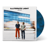 Vinyl record with blue marbled color and cover showing two men standing in front of a moving blue train
