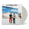 Vinyl record with pale marbled color and cover showing two men standing near a blurred blue moving train