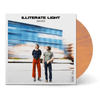 Vinyl record with marbled amber color and cover showing two men standing in front of a blurred blue train in motion