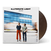 Vinyl record with smoky brown color and cover showing two men standing in front of a blurred blue train in motion