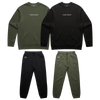 Goblin Jogger Set featuring cozy fleece-lined crewneck sweatshirts and matching joggers in olive green and black colorways, with Chaos Goblin embroidered text on chest and CG logo on pants, shown in flat lay product photography