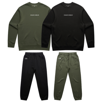 Goblin Jogger Set featuring cozy fleece-lined crewneck sweatshirts and matching joggers in olive green and black colorways, with Chaos Goblin embroidered text on chest and CG logo on pants, shown in flat lay product photography