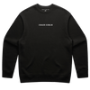 Goblin Crew: Ultra Cozy black crewneck sweatshirt featuring white CHAOS GOBLIN text embroidered across chest, simple classic design with ribbed cuffs and waistband, perfect for casual indoor wear