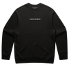 Goblin Crew: Ultra Cozy - Black crewneck sweatshirt with white CHAOS GOBLIN text embroidered across chest. Classic fit, lightweight design perfect for lounging. Limited edition streetwear piece featuring minimal branding and clean aesthetic.