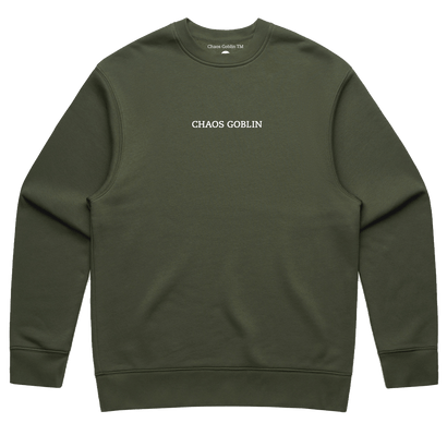 Goblin Crew sweatshirt in olive green with white embroidered CHAOS GOBLIN text across chest. Fleece-lined crew neck design with ribbed cuffs and hem, presented in a flat lay product photo.