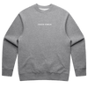 Goblin Crew: Ultra Cozy sweatshirt in heather gray with white embroidered CHAOS GOBLIN text across chest. Classic crew neck style with ribbed collar, cuffs, and hem. Comfortable, casual fit perfect for lounging and everyday wear.