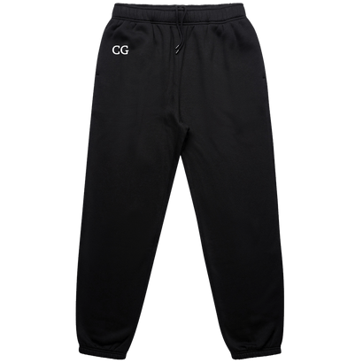 Goblin Jogger black fleece-lined sweatpants with tapered legs, elastic waistband, and CG embroidered logo on upper right leg. Features drawstring closure and ribbed cuffs for a comfortable athletic fit.