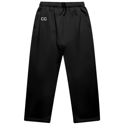 Ultra Cozy Open Leg Pant in dark grey with CG embroidery, featuring a relaxed fit, drawstring waist, and straight open leg design. Fleece-lined sweatpants shown flat against white background, displaying comfortable oversized silhouette and premium casual styling.