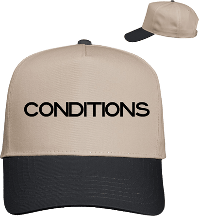 Tall two-tone trucker cap with tan crown, black bill, and bold black CONDITIONS text on front panel
