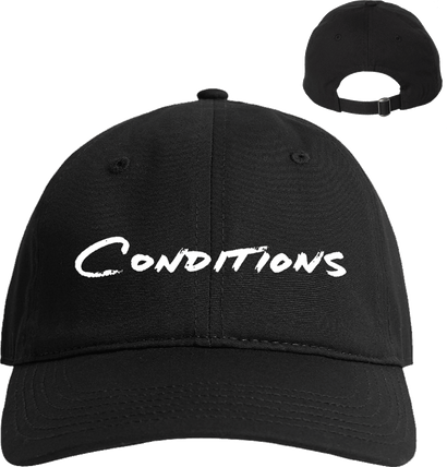 Black adjustable dad hat with white embroidered text reading Conditions on the front panel and metal buckle closure