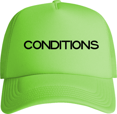 Neon green trucker hat with black printed CONDITIONS logo and adjustable snapback closure