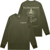 Olive green long sleeve shirt with small text conditions on front and large rose graphic with belong forever on back