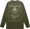 Olive green long sleeve with a minimalist rose graphic and the text 