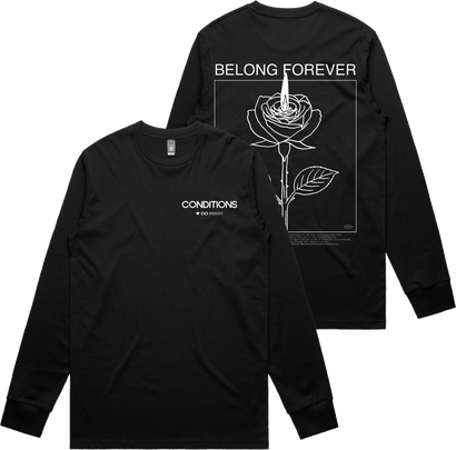 Black long sleeve shirt with white text 