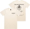 Natural colored tee with small Conditions heart text on front and large Belong Forever rose graphic on back