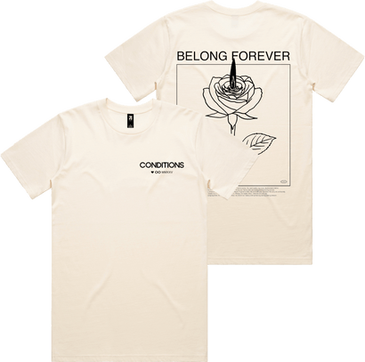 Natural colored tee with small Conditions heart text on front and large Belong Forever rose graphic on back