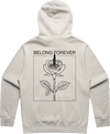 Natural color hoodie with a black line art rose and the text Belong Forever above the graphic on the back