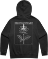 Black hooded sweatshirt with white line art rose and the text Belong Forever inside a rectangular frame on the back