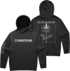 Black hooded sweatshirt with the word conditions on front and a rose graphic with belong forever on back