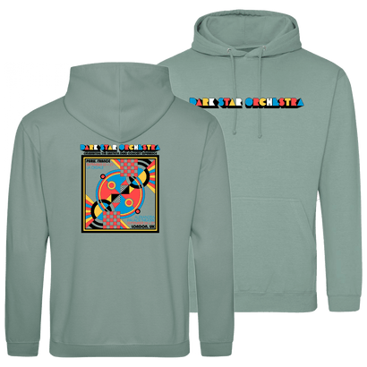 Dusty green pullover hoodie with colorful psychedelic geometric design on back and Dark Star Orchestra logo on front, commemorating European Tour 2024 in London and Paris