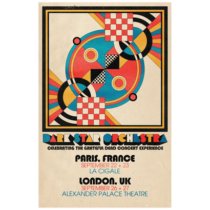 Psychedelic geometric poster for Dark Star Orchestra's 2024 European Tour, featuring vibrant colors and patterns. Text displays concert dates for Paris and London, celebrating the Grateful Dead concert experience. A3 size Somerset Velvet Paper artwork.