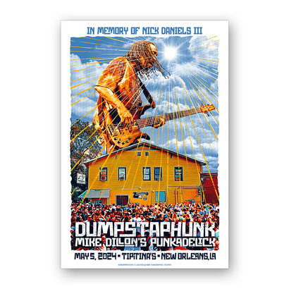 Limited edition commemorative poster showing a vibrant music performance scene against a yellow building with a bright sunburst sky. Features dynamic illustration of a bass player with radiating golden lines, crowd below, and Dumpstaphunk concert details at Tipitinas New Orleans.