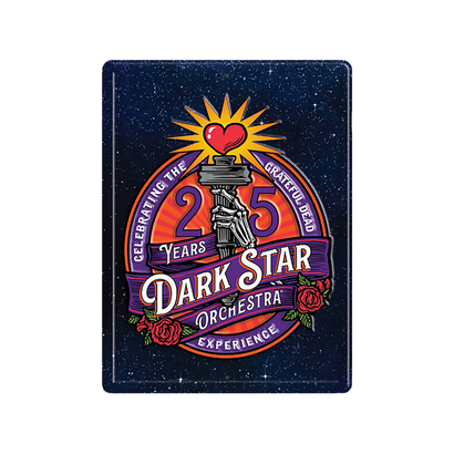 Dark Star Orchestra Embossed Metal sign featuring the Torch 5th anniversary on a star scape background. 