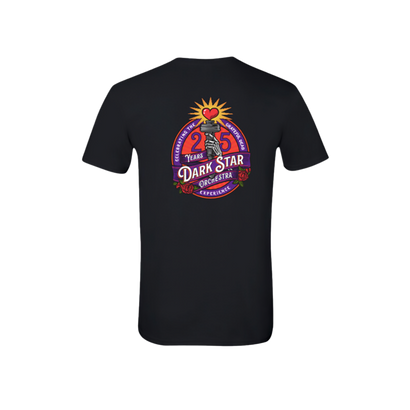 Black t-shirt featuring colorful 25th anniversary Dark Star Orchestra logo with sun, torch, and circular design celebrating the band's milestone year and musical legacy