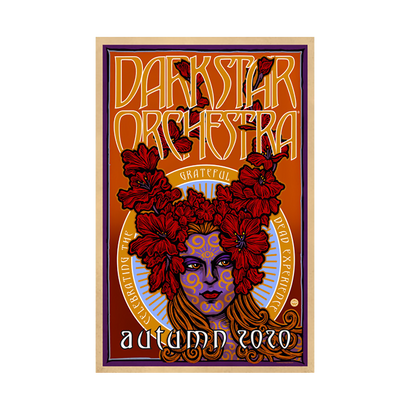 Dark Star Orchestra Autumn 2020 tour poster featuring art nouveau style typography and a surreal face with red floral hair, celebrating the Grateful Dead Experience in vibrant orange and red hues