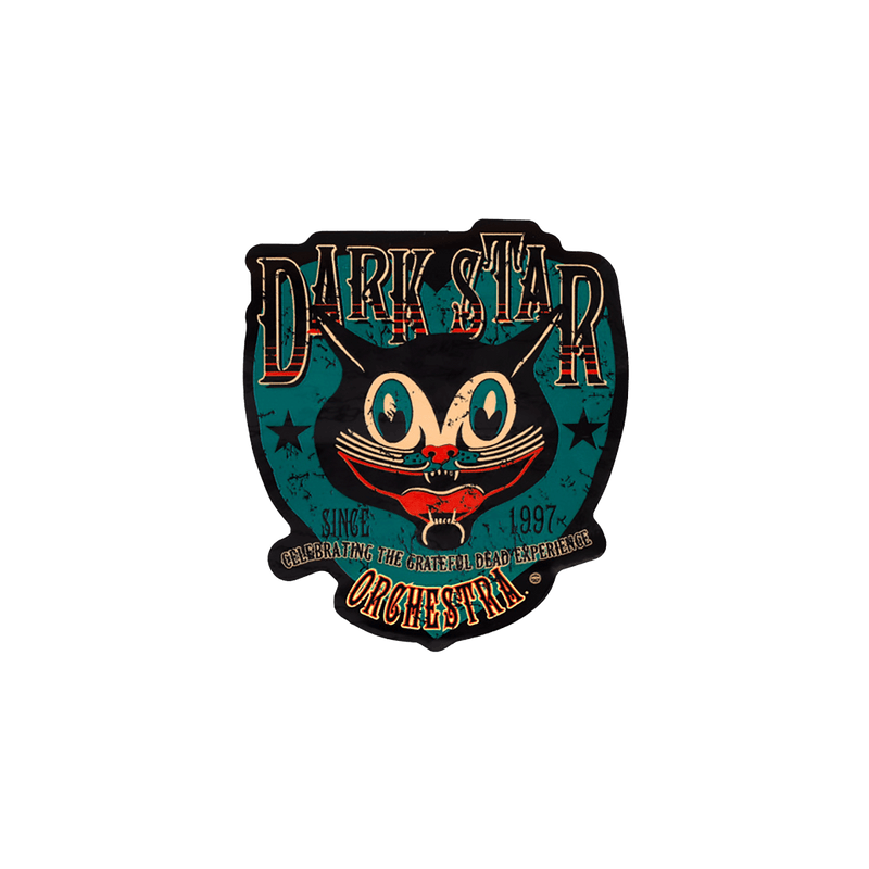 Dark Star Orchestra cat sticker featuring a whimsical black cat face with wide eyes and grinning mouth on teal background. Text reads 