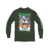 Green long sleeve shirt with colorful psychedelic rabbit design featuring mushrooms, playing cards, and abstract shapes. Sleeve text reads 