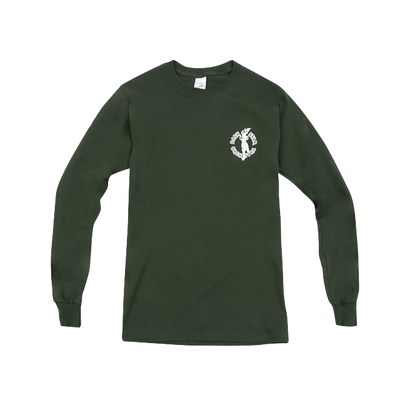 Dark green long sleeve shirt with white circular logo featuring rabbit silhouette on left chest, showcasing Crazy Rabbit design for Dark Star Orchestra fans