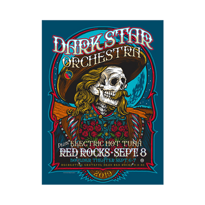 Vibrant concert poster for Dark Star Orchestra and Electric Hot Tuna at Red Rocks, featuring Wild Bill skeleton artwork with long hair, cowboy hat, and roses. Colorful psychedelic design on teal background, showcasing event details for September 8, 2019 performance.