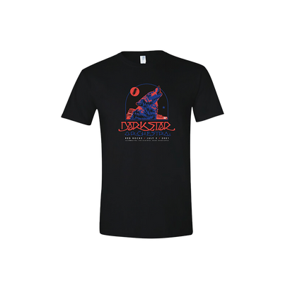 This official Red Rocks 2021 T-Shirt from Dark Star Orchestra features a striking howling wolf graphic in red, blue, and white printed on a black t-shirt